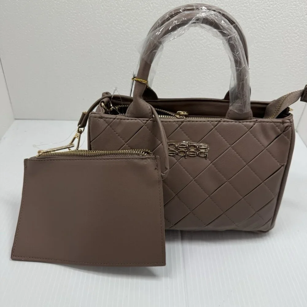 Bebe Everett Small Satchel Taupe Quilted Crossbody Handbag Purse NWT Wome
